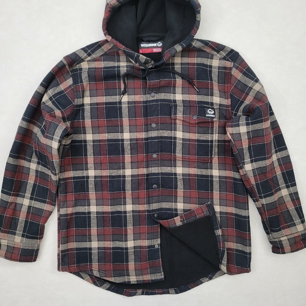 Wolverine Men's Bucksaw Hooded Sherpa Shirt Jacket Size L Plaid Snap Chore Barn